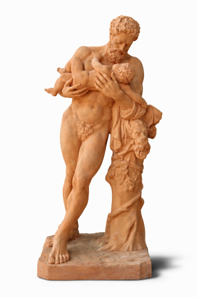 Silenus und Bacchus – Klassische Terracotta-Statue aus Impruneta